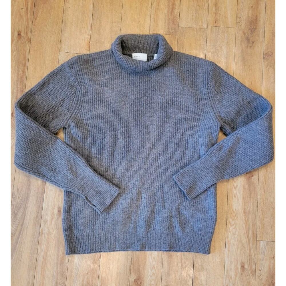 BLDWN Womens XL Turtleneck Ribbed Pullover 100% Wool Sweater Gray Thumb Holes